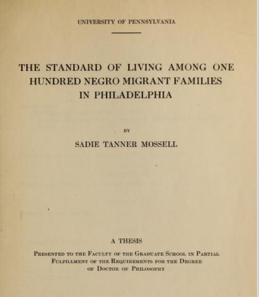 Cover page, Sadie Tanner Mossell, "The Standard of Living Among One Hundred Negro Families in Philadelphia," 1921