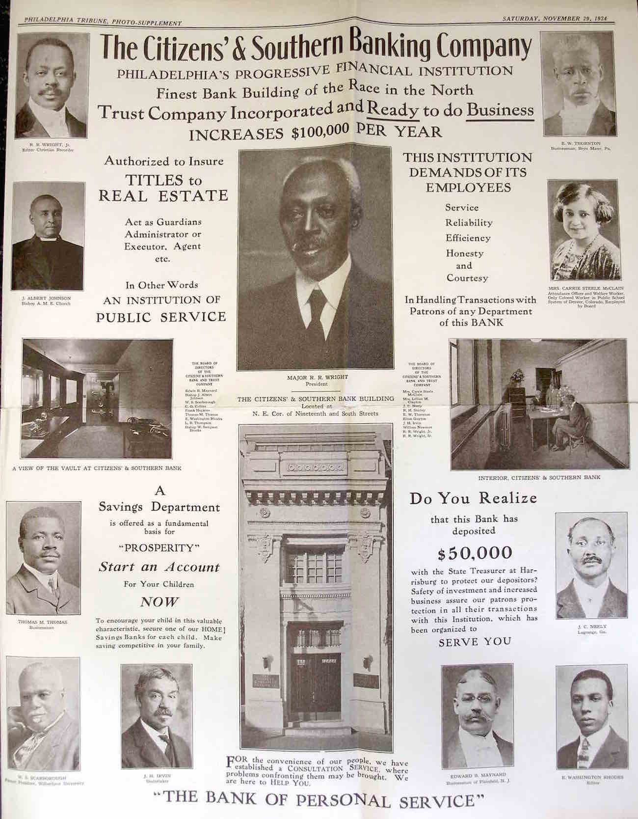 Philadelphia Tribune full-page pictorial of the Citizens & Southern Bank, 1924