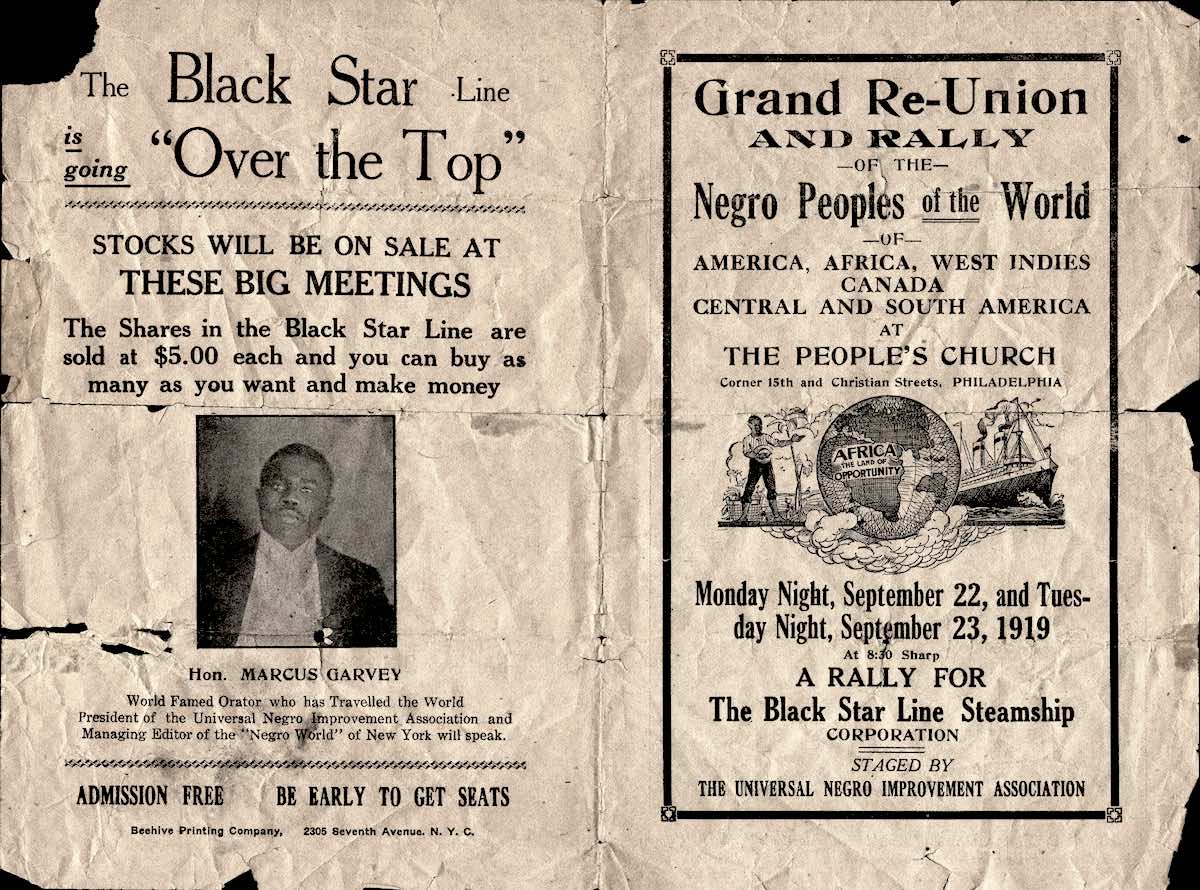 Flyer, Universal Negro Improvement Association rally for the Black Star Line Steamship, 1919